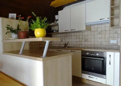 a kitchen with white cabinets and a counter with plants at Apartments Zorč in Bohinj