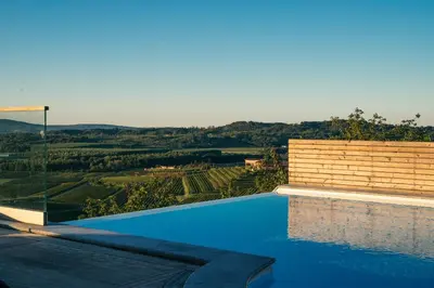 a swimming pool with a view of the countryside at Bužinel Estate in Dobrovo