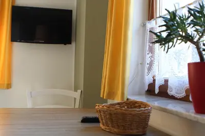 a dining room table with a plant and a window at Apartma Lipa in Mojstrana