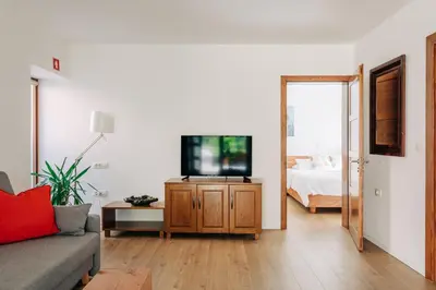 a living room with a couch and a tv and a bed at Apartment House Blazar in Tolmin