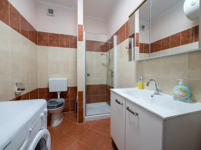 a bathroom with a sink and a toilet and a shower at Vila Bovec Sky mansard apartment in Bovec