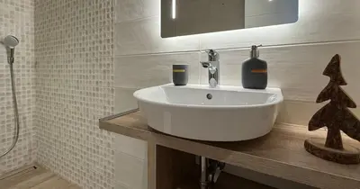 a white sink on a counter in a bathroom at Vila Mojca SKI IN&OUT - Apartmaji Lena in Kranjska Gora