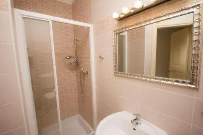a bathroom with a shower and a toilet and a mirror at Guest House Šterk in Nova Gorica