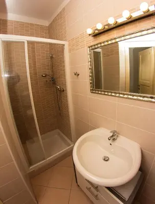 a bathroom with a sink and a shower and a mirror at Guest House Šterk in Nova Gorica