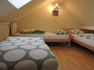 two beds in a room with a attic at Apartments Gubanec in Cerklje na Gorenjskem
