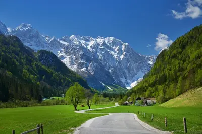 a road in a valley with mountains in the background at Forest Camping Mozirje in Mozirje