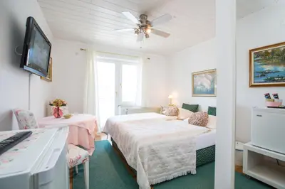 a bedroom with two beds and a tv at B&B Pletna a Double Lake-View Room in Bled
