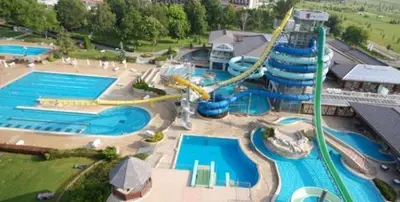 an aerial view of a water park with a water slide at Guest Accomodation Škerlak in Moravske Toplice
