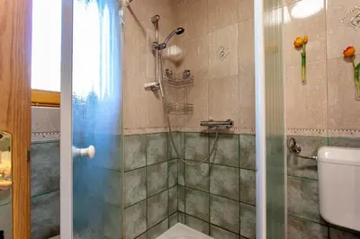 a bathroom with a shower and a toilet at Quiet family house Butterfly place in Dob
