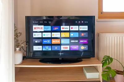 a television sitting on top of a wooden shelf at Quiet family house Butterfly place in Dob