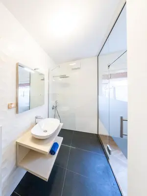 a bathroom with a sink and a shower at Kamr’ca in Ljubljana