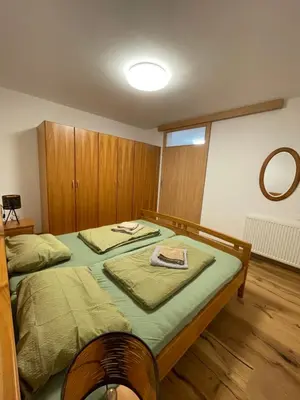 a bedroom with two beds and a mirror on the wall at Apartma Ajda in Moravske Toplice