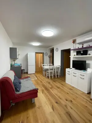 a living room with a kitchen and a dining room at Apartma Ajda in Moravske Toplice