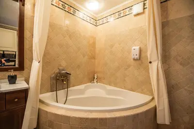 a bath tub in a bathroom with a shower at Villa Zupan with Hot Tub in Škocjan