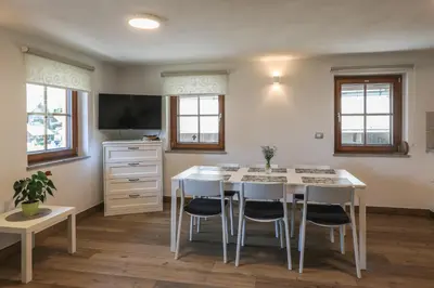 a kitchen with a table and chairs and a television at Apartmaji Tina in Zgornje Gorje