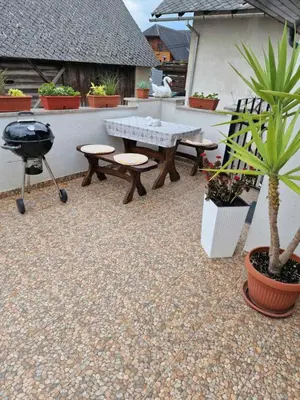 a patio with a grill and picnic tables and potted plants at Apartments Karin in Bled