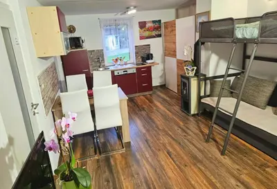 a small room with a kitchen and a bunk bed at Apartments Karin in Bled