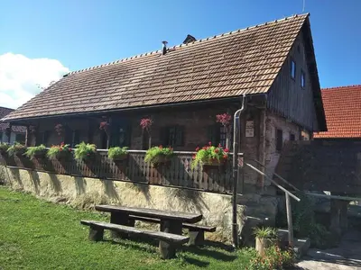 a building with a bench in front of it at Tourist Farm Pri Martinovih in Krška Vas