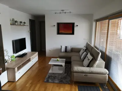 a living room with a couch and a tv at Apartma Lucijana in Mojstrana