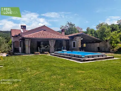 a house with a swimming pool in the yard at Family Apartment Rihter in Črni Kal