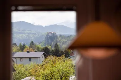 a view of a mountain from a window at Hostel LakeBled in Bled