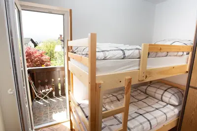 a bunk bed in a room with a window at Hostel LakeBled in Bled