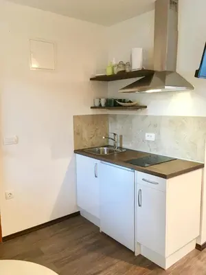a kitchen with white cabinets and a sink at Stay Apartments Bled in Bled