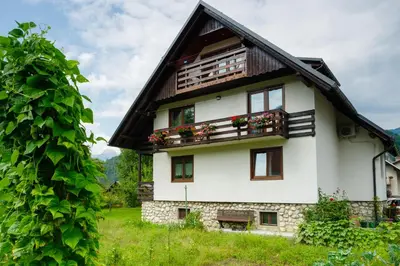 a white house with a black roof at Apartment Ana in Bohinj