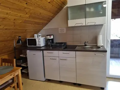 a kitchen with a sink and a microwave at Apartma Take It Easy in Bled
