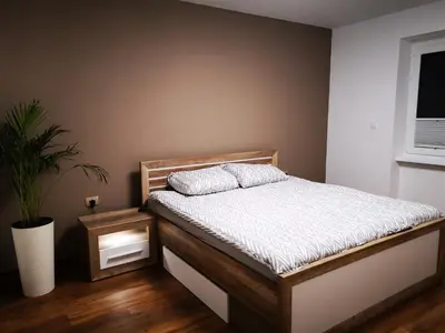 a bed in a bedroom with a plant next to it at Bonito apartment in Postojna