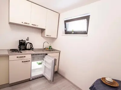 a small kitchen with white cabinets and a refrigerator at Apartment Dolce Vita in Celje
