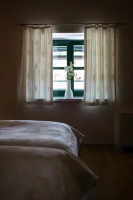 a bedroom with a bed and a window with a vase at Pri Žabarju Bed & Breakfast Ljubljana in Ljubljana