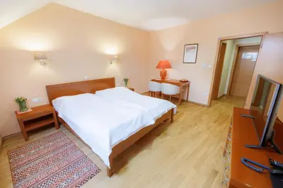 a bedroom with a white bed and a television at Pri Žabarju Bed & Breakfast Ljubljana in Ljubljana