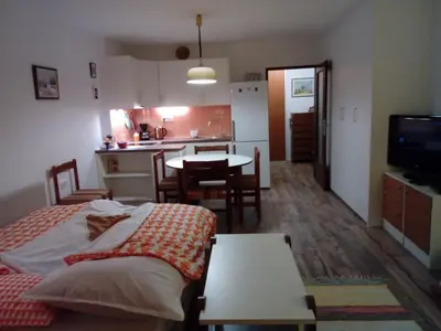 a room with a bed and a kitchen with a table at Apartman Veriga in Kranjska Gora