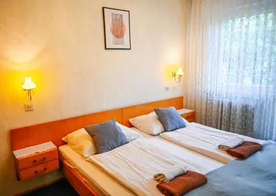 a bedroom with two twin beds and a window at Guest House Ivanka in Bled