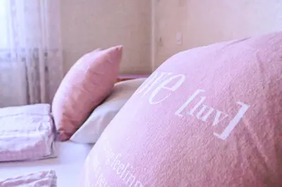 a pink bed with a pink pillow with the words cut out at Guest House Ivanka in Bled