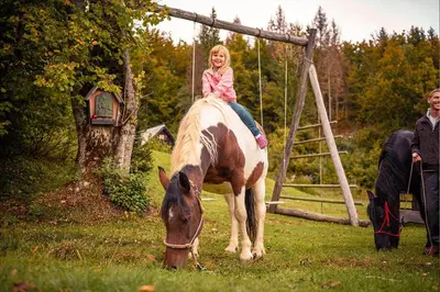 a little girl sitting on top of a horse at Alpine Homestead in Goreljek