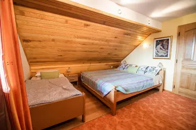 a bedroom with a bed and a wooden wall at Holiday Home Mirt with HotTub & Sauna in Blanca
