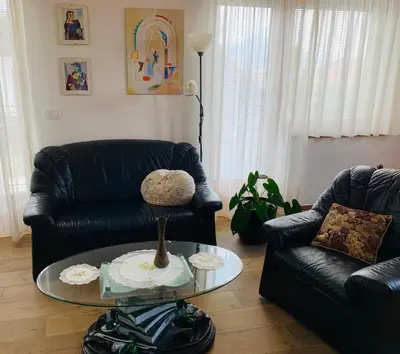 a living room with a black leather couch and a table at STATUS Apartments in Bled