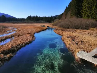 an aerial view of a river in a field at Apartments Podkoren 82 in Kranjska Gora