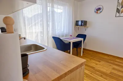 a kitchen with a sink and a table with two chairs at APARTMENT PETEK in Bled