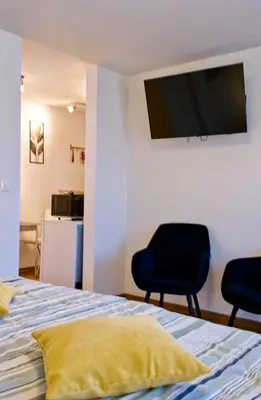 a bedroom with two chairs and a bed with a tv on the wall at APARTMENT PETEK in Bled
