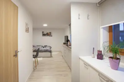 a kitchen with a hallway leading to a bedroom at Studio Jan in Zgornje Gorje