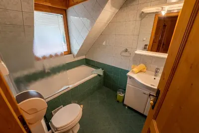 a bathroom with a toilet and a tub and a sink at Korošec Apartments and Wellness Centre in Mozirje