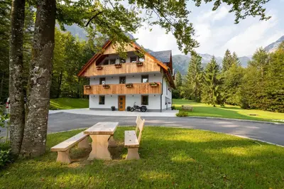 a house with a picnic bench in front of it at Bohinj Apartments Goldhorn Kingdom in Bohinj