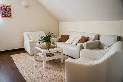 a living room with two white couches and a table at Villa Istenič in Bizeljsko