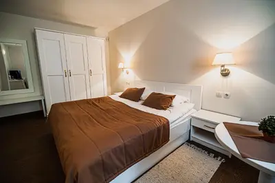 a bedroom with a bed and a dresser and a mirror at Villa Istenič in Bizeljsko