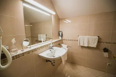 a bathroom with a sink and a mirror and towels at Villa Istenič in Bizeljsko