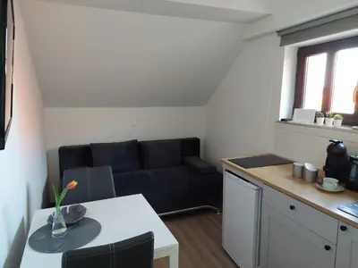 a living room with a couch and a table at Apartment Trubarjeva33, near Ljubljana, free parking in Velike Lašče