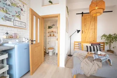 a small room with a bed and a bathroom at Funky soul studio in Žirovnica